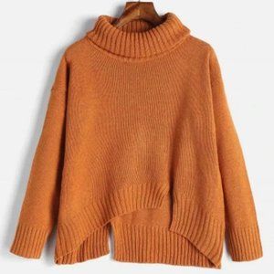 Zaful Split Hem Burnt Orange Turtleneck Sweater | Chunky Knit Sweater